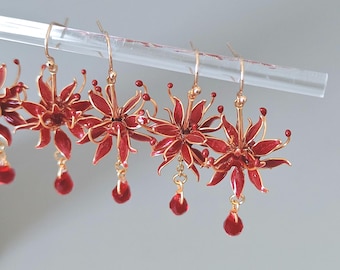 Handmade Kanzashi Spider Lily Earrings | Higanbana Flower Jewelry