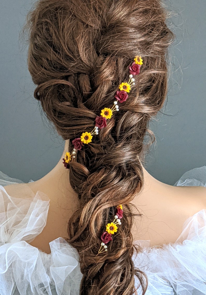 Burgundy Sunflower bridal headband floral head piece sunflower Burgundy Rose hair vein Burgundy Rose Sunflower Hair Piece Fall Wedding image 8