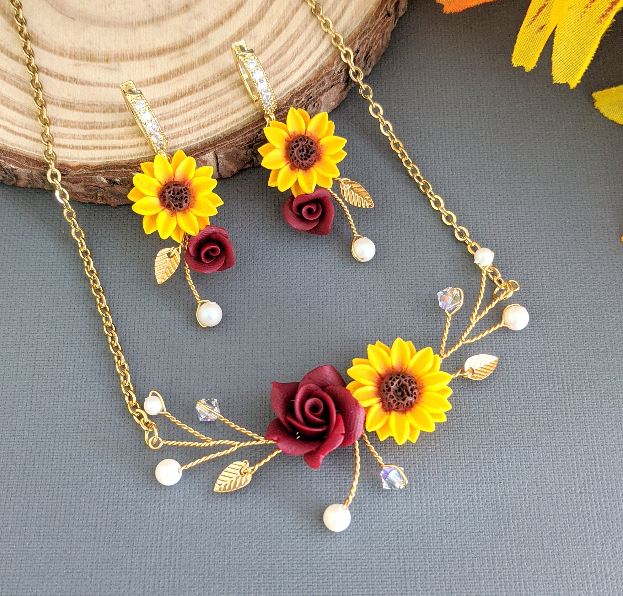 Sunflower Burgundy Rose Pearl Jewelry Set Sunflower NECKLACE Etsy