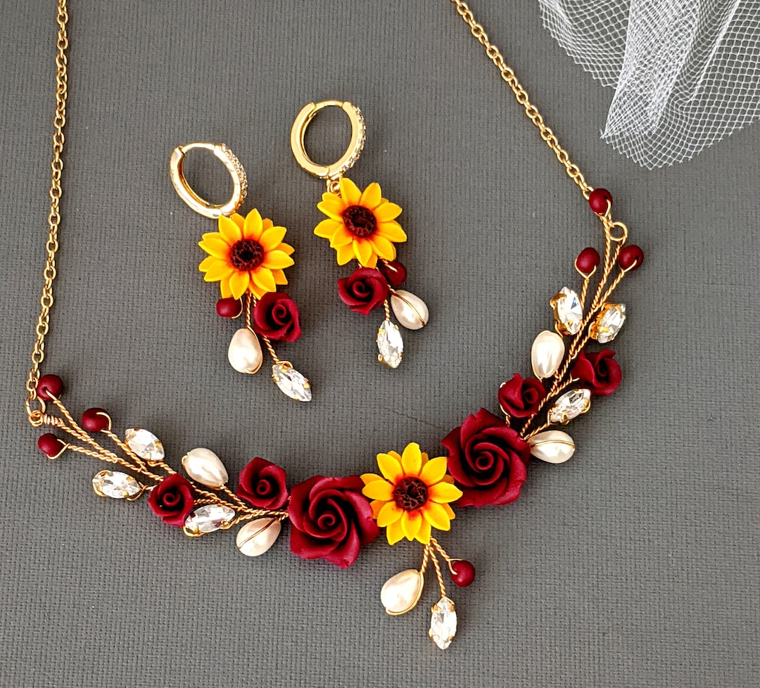 Sunflower Burgundy Rose Necklace, Earring, and Bracelet Set Perfect for