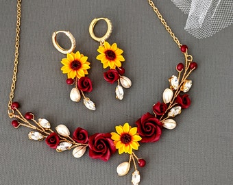 Sunflower Burgundy Rose Necklace, Earring, and Bracelet Set - Perfect for Bridesmaids