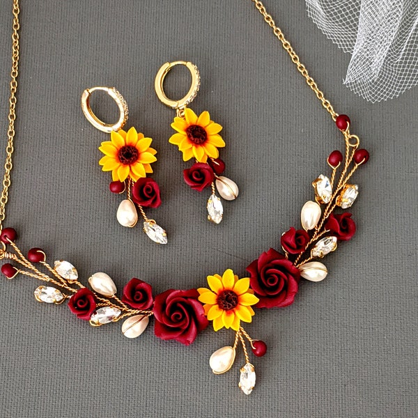 Sunflower Burgundy Rose Necklace, Earring, and Bracelet Set - Perfect for Bridesmaids