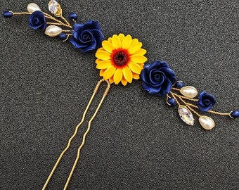 Sunflower Navy Blue Rose Hair Pin - Elegant Sunflower Hair Accessory for Bridesmaids and Girls