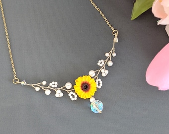 Sunflower Necklace Sunflower Bridal Jewelry Sunflower Pearl Necklace Bridesmaid Gift Sunflower Gift Sunflower Jewelry Sunflower Gift