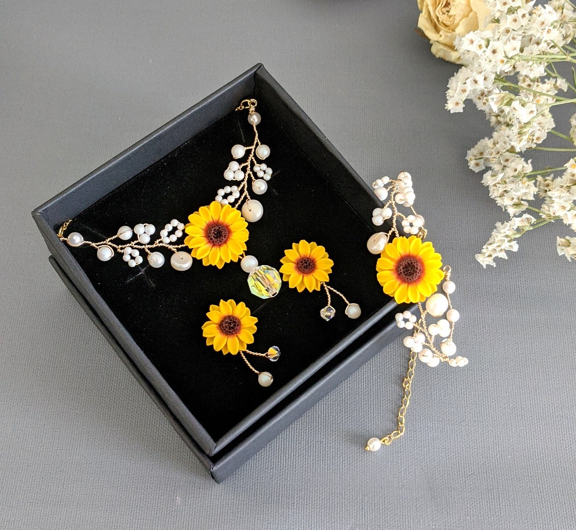 Sunflower Jewelry Set Sunflower Pearl Necklace Sunflower Etsy