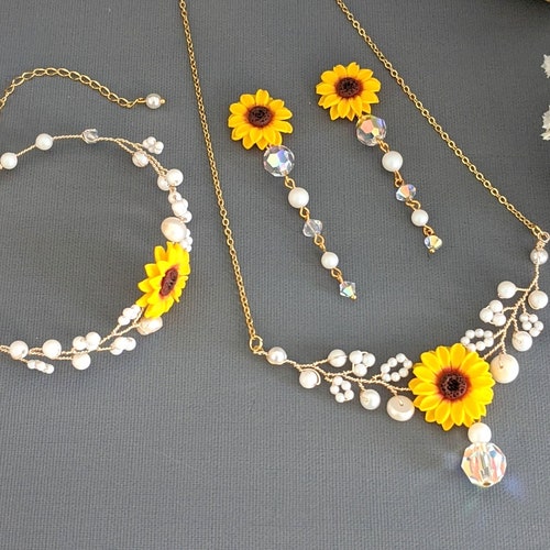 Sunflower Jewelry Set Sunflower Pearl Necklace Sunflower Etsy