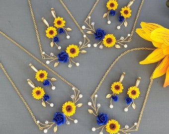 Sunflower Wedding Gifts Sunflower Bridesmaid Gifts Sunflower Bridal Gifts Maid of Honor Gifts Sunflower Blue Ukraine Jewelry Wedding Gifts