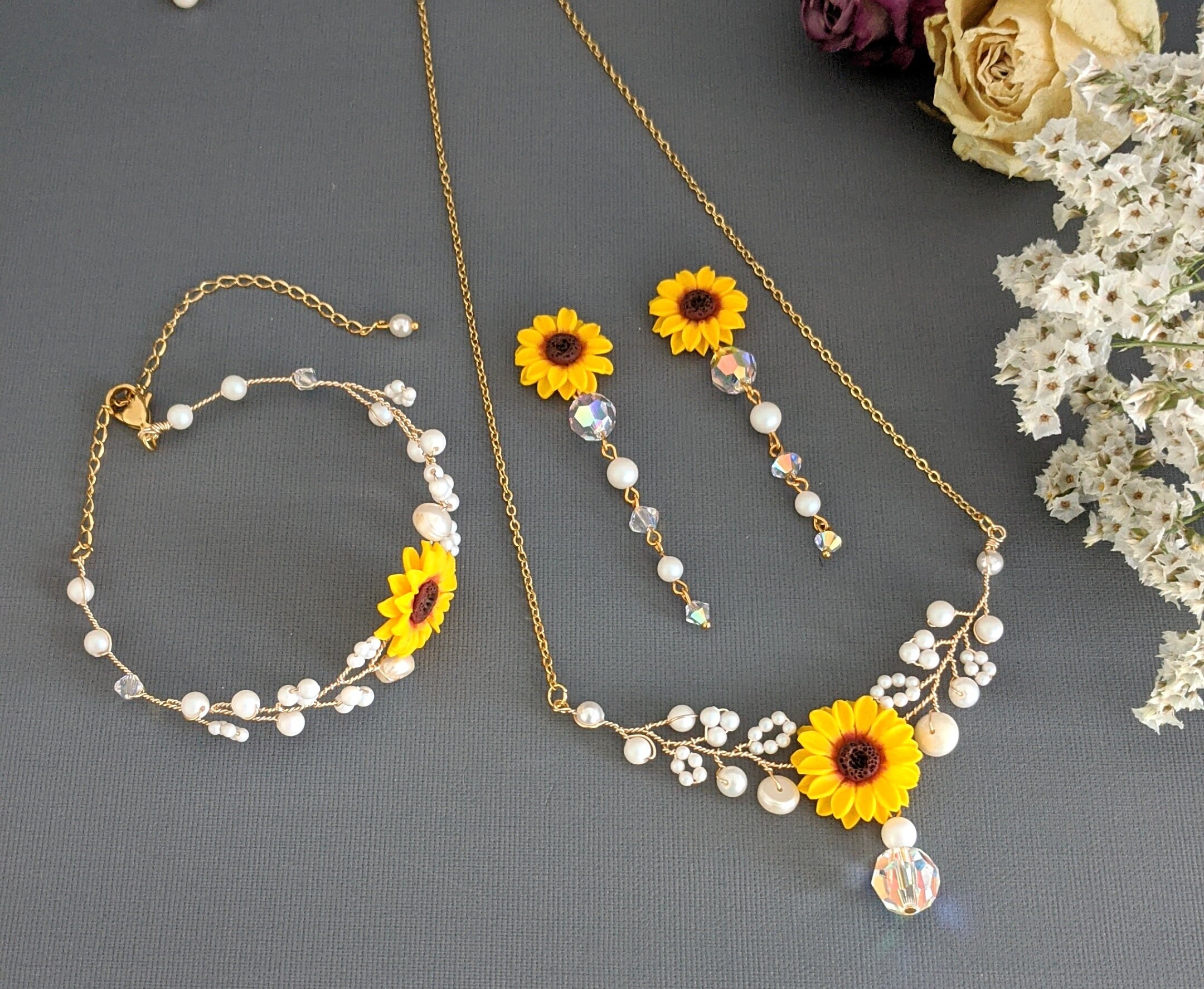 Sunflower Jewelry Set Sunflower Pearl Necklace Sunflower Etsy