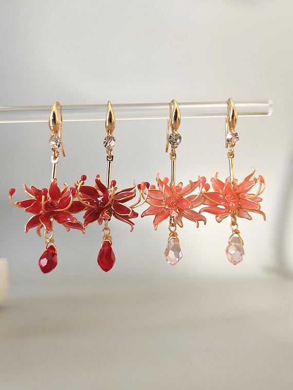 Handmade Japanese Kanzashi Spider Lily Earrings Higanbana Flower Jewelry