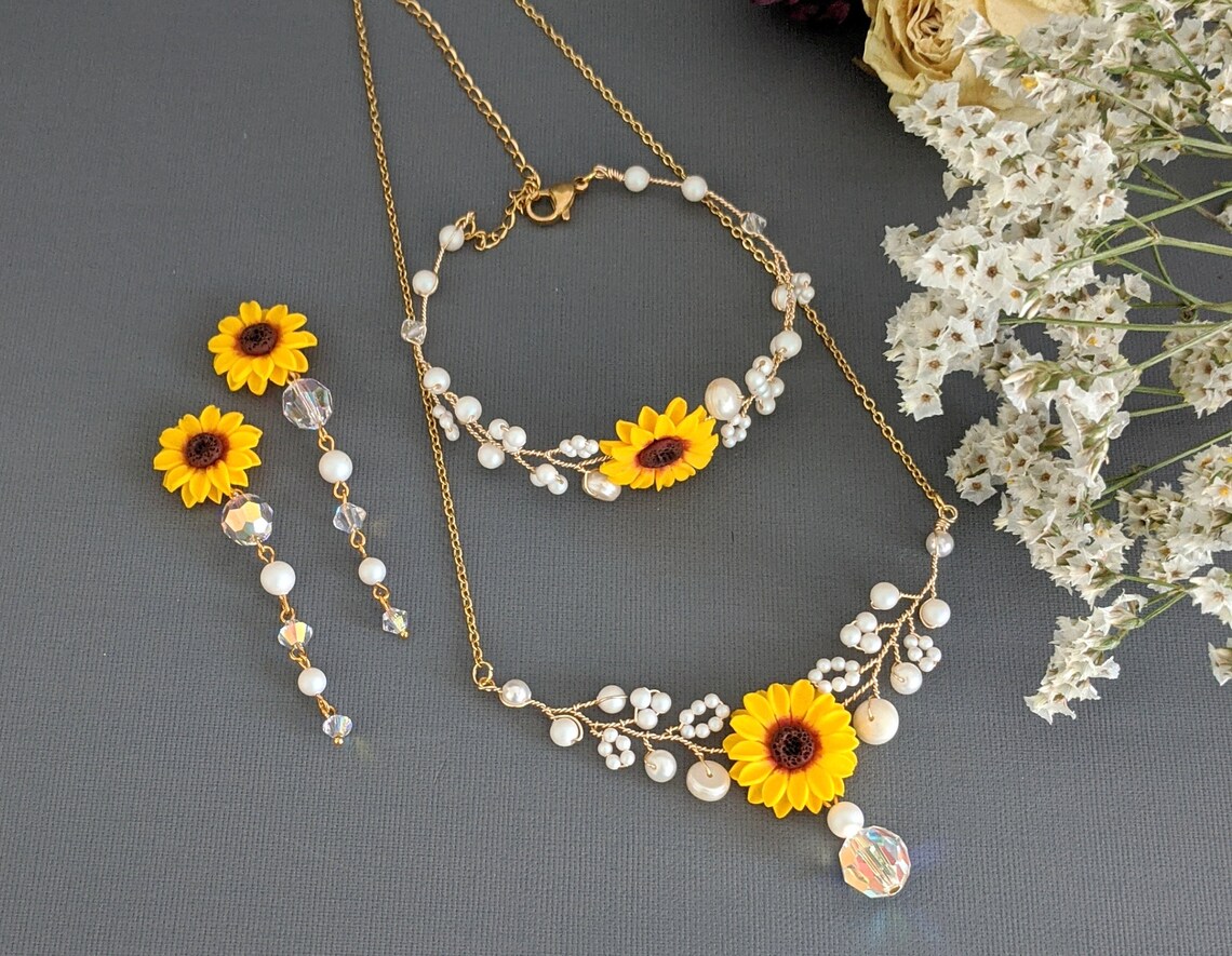Sunflower Jewelry Set Sunflower Pearl Necklace Sunflower Etsy