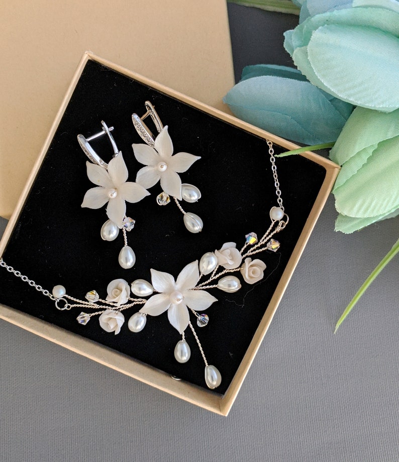 Bridal Necklace Set Bridal Jewelry set Bridal Earrings Necklace bracelet Wedding Jewelry Set Floral Wedding Necklace White Ivory Necklace image 6