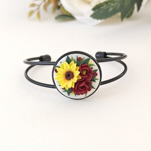 Boho Polymer Clay Sunflower Earrings Ideal Christmas Gift for Moms Vibrant Flower Statement earrings Burgundy Yellow Sunflower Earrings Cuff Bracelet Only