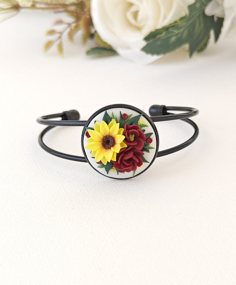 Boho Polymer Clay Sunflower Earrings Ideal Christmas Gift for Moms Vibrant Flower Statement earrings Burgundy Yellow Sunflower Earrings Cuff Bracelet Only