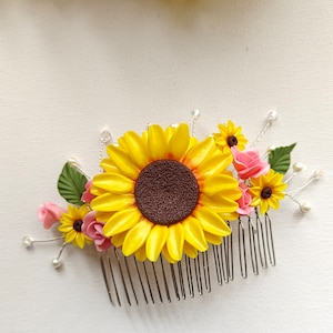 Pink Rose Sunflower Hair Piece with Beads and Czech Pearls - Stunning Hair Comb for Autumn Weddings