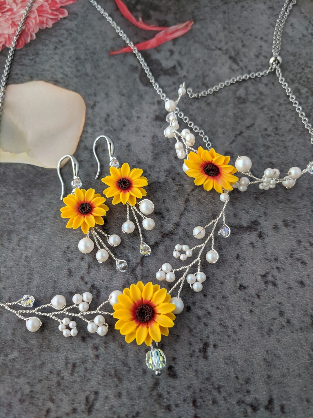 Sunflower Jewelry Set Sunflower Pearl Necklace Earring Bracelet