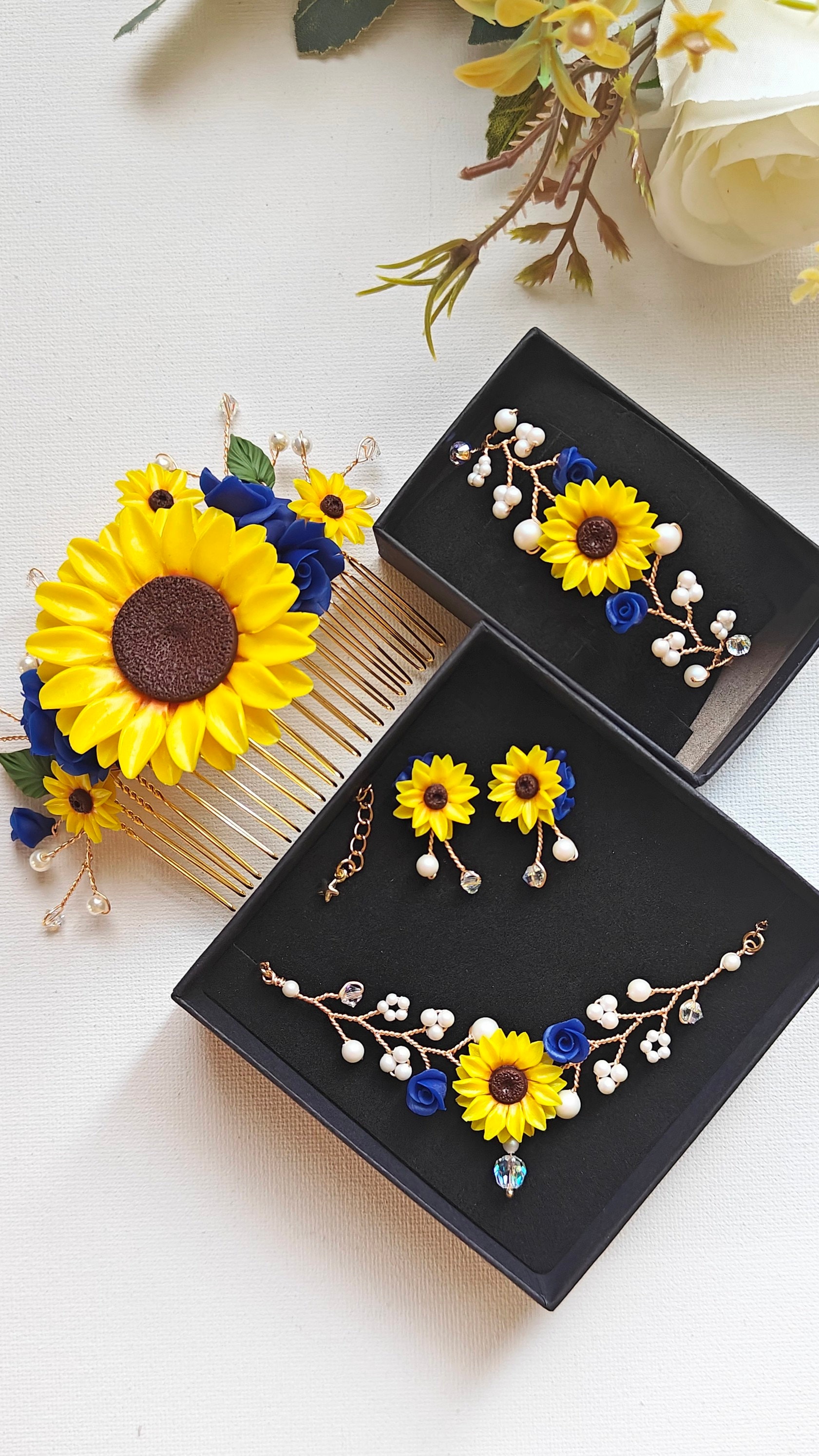 Sunflower Wedding Jewelry Set: Pearl Crystal Bridesmaid Gift