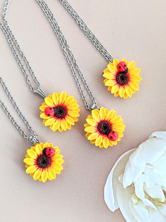 Sunflower Ladybug Pendant Necklace: Handmade Clay Charm