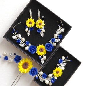 Sunflower Bridesmaid Gift - Necklace, Earring, and Hairpiece Set - Royal Blue Rose and Sunflower Design