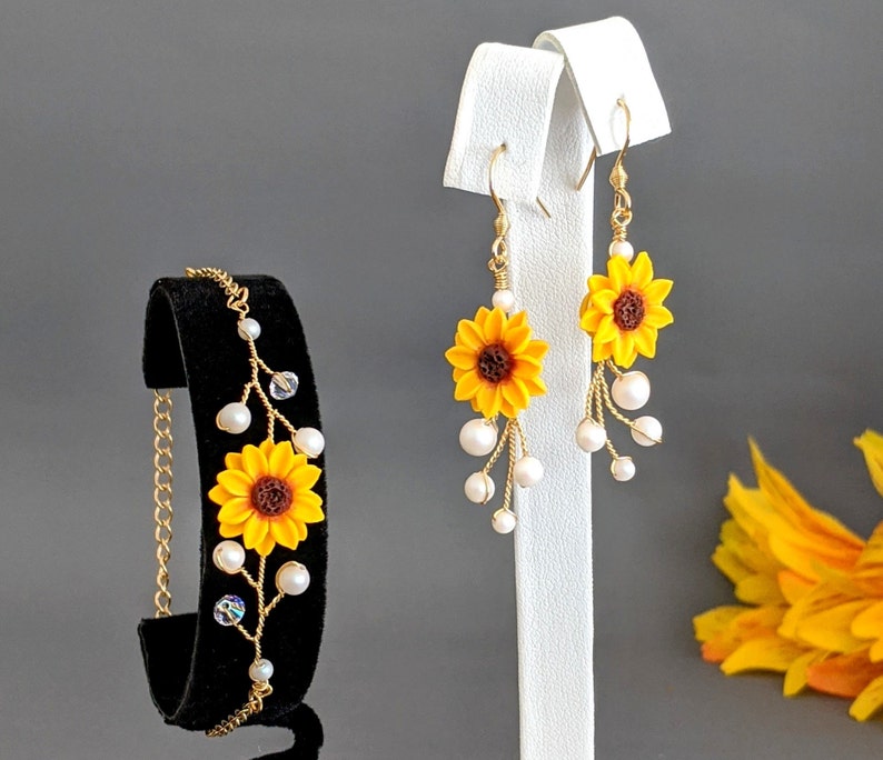 Sunflower Jewelry Set Sunflower Pearl Necklace Sunflower Etsy