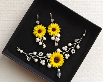 Handmade Sunflower Jewelry Set - Unique Sunflower Pearl Necklace and Earring Set