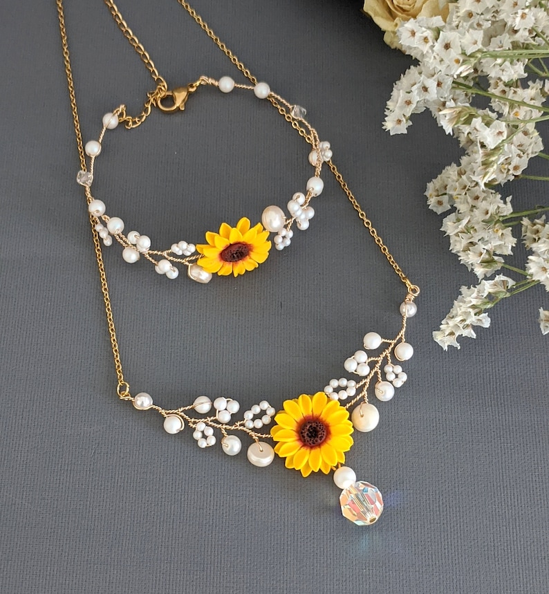 Sunflower Jewelry Set Sunflower Pearl Necklace Sunflower Etsy