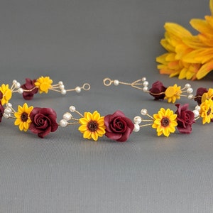 Burgundy Sunflower bridal headband floral head piece sunflower Burgundy Rose hair vein Burgundy Rose Sunflower Hair Piece Fall Wedding image 2