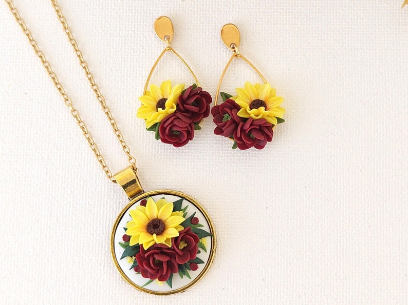 Boho Polymer Clay Sunflower Earrings Ideal Christmas Gift for Moms Vibrant Flower Statement earrings Burgundy Yellow Sunflower Earrings image 1