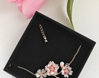 Cherry Blossom Bridal Necklace – Pink Flower Wedding Jewelry