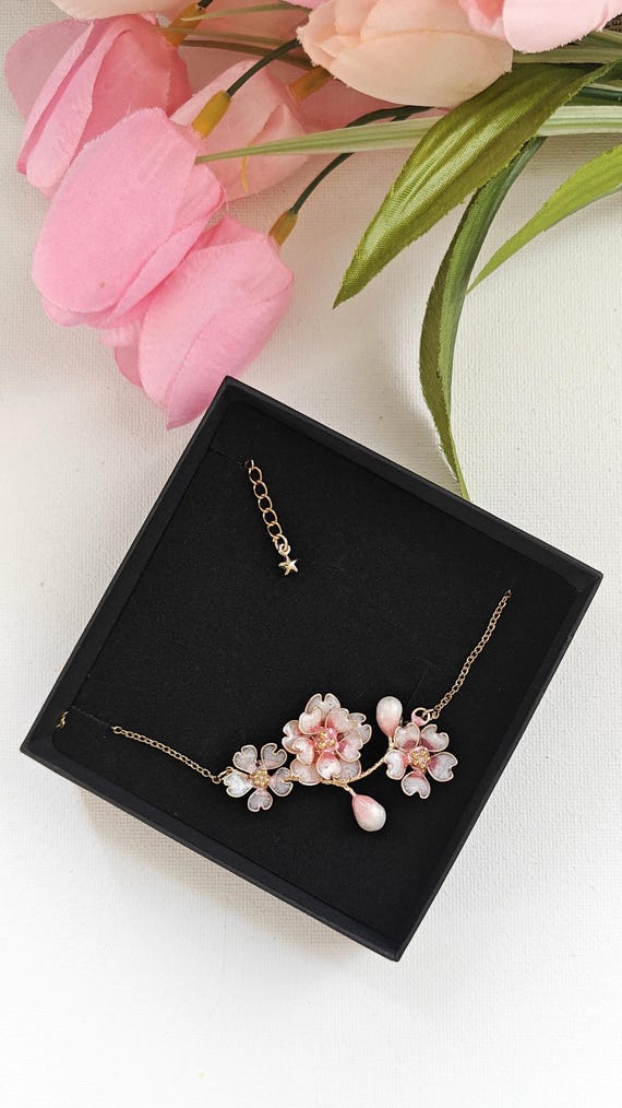 Cherry Blossom Bridal Necklace – Pink Flower Wedding Jewelry