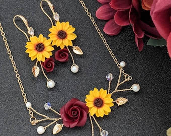 Sunflower Burgundy Rose Pearl Jewelry Set - Sunflower Necklace, Earrings, and Headband - Perfect for Fall Weddings and Bridal Party Gifts