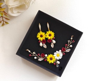 Sunflower Daisy Jewelry set Fall wedding jewelry set Bridesmaid Gift - Necklace, Earring  Set