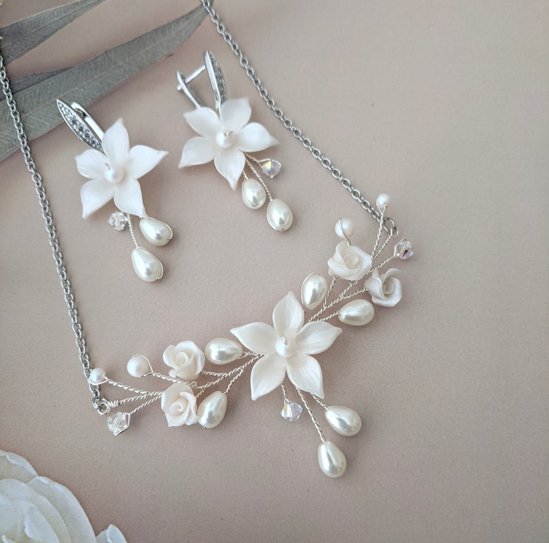 Bridal Necklace Set Bridal Jewelry set Bridal Earrings Necklace bracelet Wedding Jewelry Set Floral Wedding Necklace White Ivory Necklace image 8