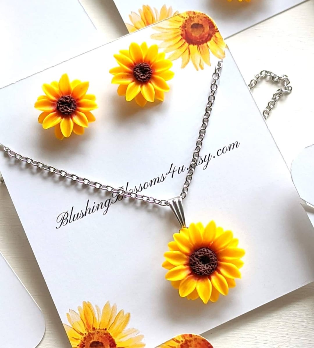 Sunflower Gift Set Handmade Necklace and Stud Earrings Ideal Fall