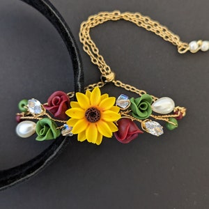 Sunflower Bracelet: Burgundy Rose, Crystal & Pearl Floral Jewelry