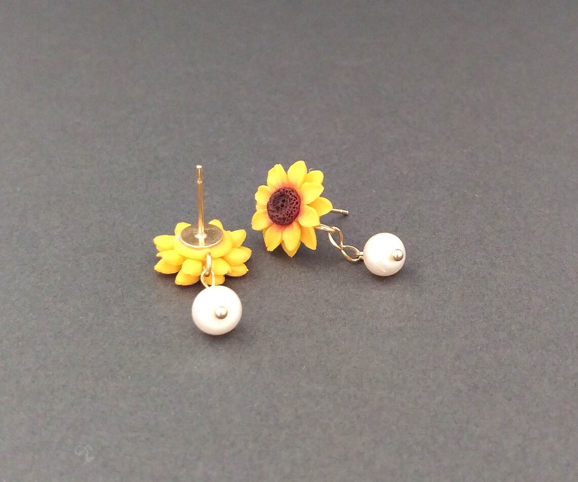 Sunflower Pearl Earring Sunflower Drop Earring Sunflower Etsy