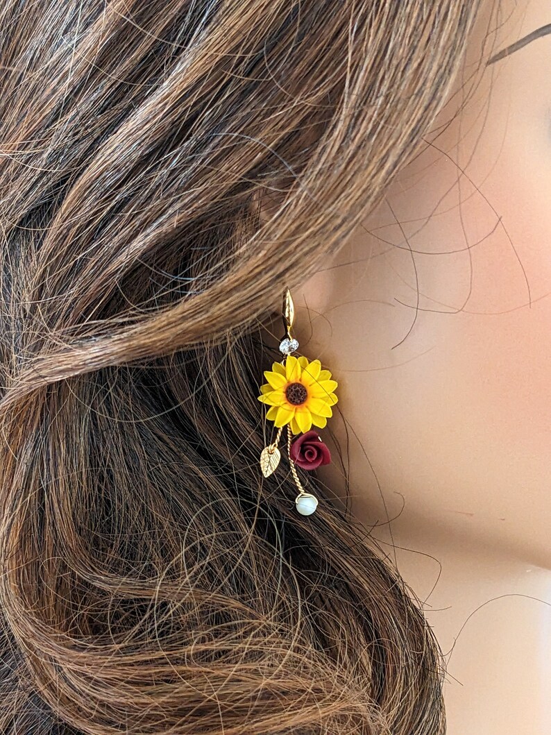 Pink Flower Earrings, Funky Cute Gold Flower Drop Earrings For Women