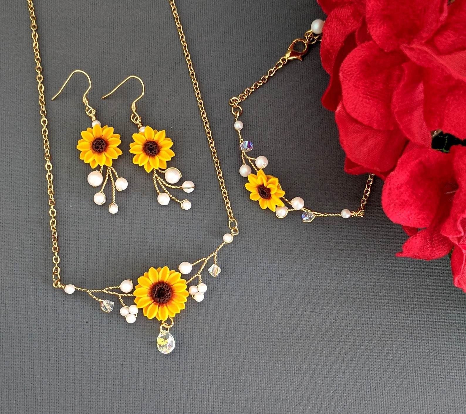 Sunflower Jewelry Set Sunflower Pearl Necklace Sunflower Etsy