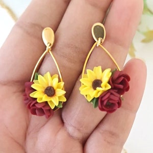 Boho Polymer Clay Sunflower Earrings Ideal Christmas Gift for Moms Vibrant Flower Statement earrings Burgundy Yellow Sunflower Earrings Earring Only