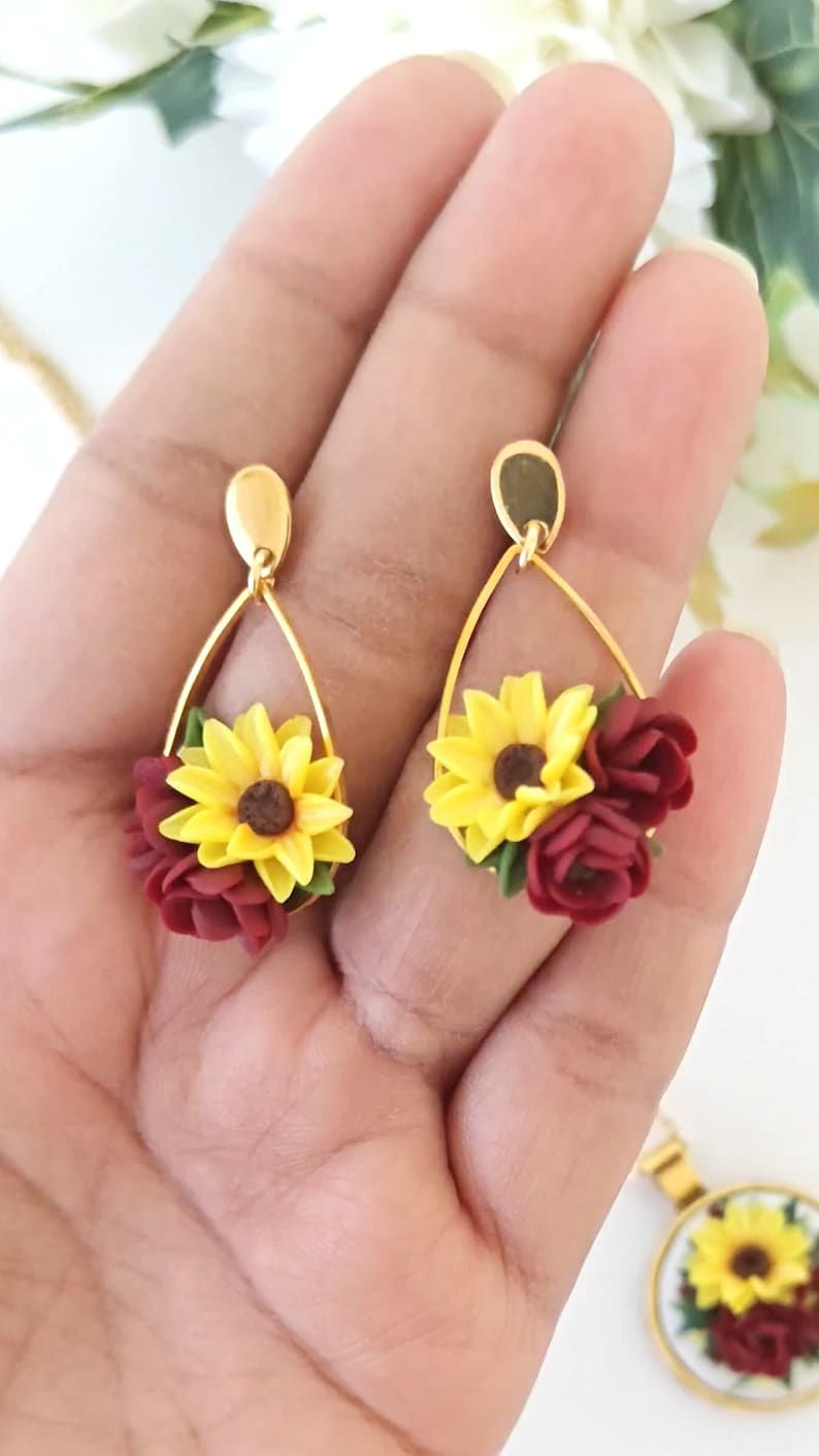 Boho Polymer Clay Sunflower Earrings Ideal Christmas Gift for Moms Vibrant Flower Statement earrings Burgundy Yellow Sunflower Earrings Earring Only