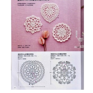 Op de afbeelding: Een pagina uit een knutselboek met witte gehaakte doilies in verschillende bloemmotieven. De doilies hebben een diameter van ongeveer 10 cm. De tekst bevat instructies en afmetingen.