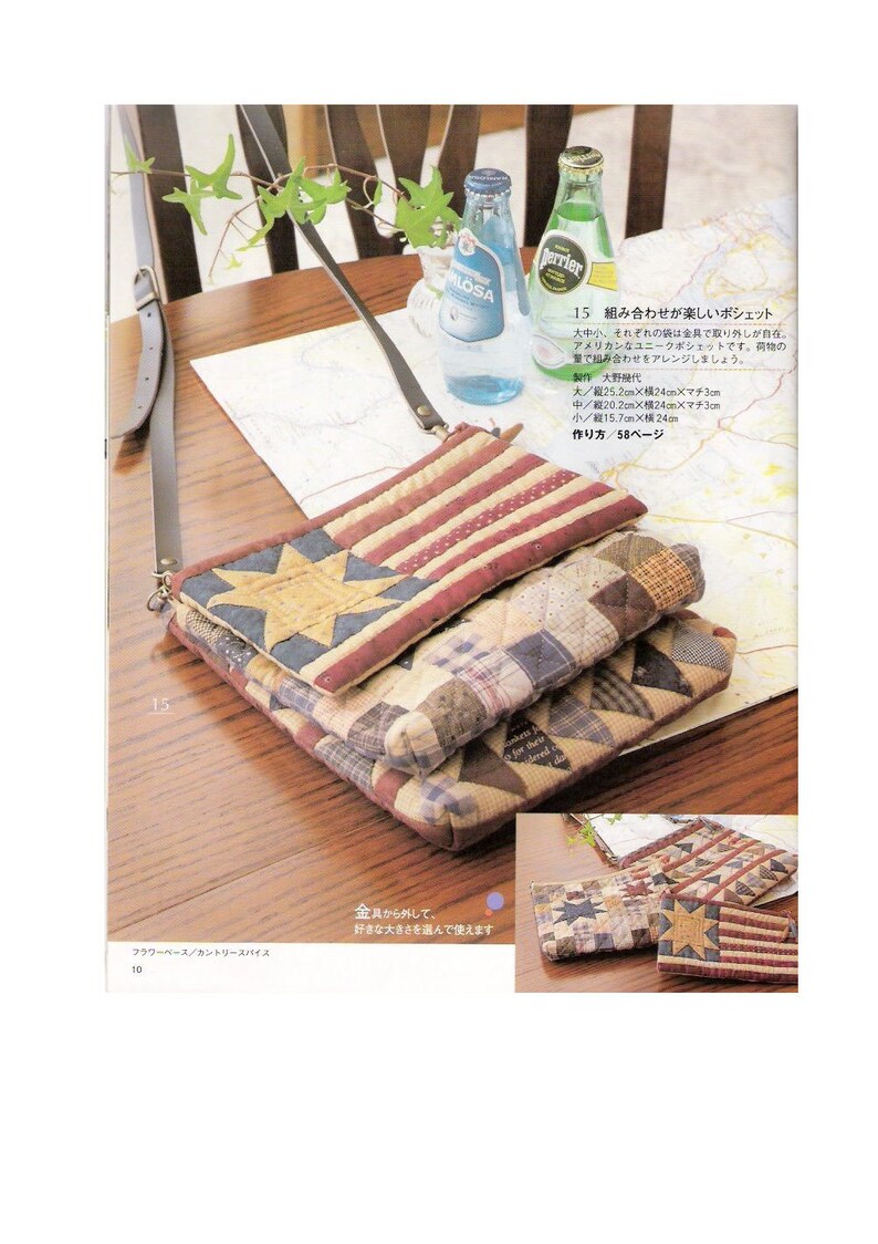 May include: A three-piece patchwork bag set with a star design. The largest bag is 25.2 inches wide by 24 inches long and 3 inches deep. The medium bag is 20.2 inches wide by 24 inches long and 3 inches deep. The smallest bag is 15.7 inches wide by 24 inches long. The bags are made of fabric scraps in red, white, blue, and brown.