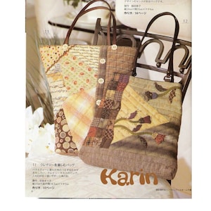 May include: Two patchwork tote bags with brown leather handles. The bag on the left is made of a variety of fabrics with a floral pattern. The bag on the right is made of a variety of fabrics with a floral pattern and a brown fabric with the word "Karin" printed on it.