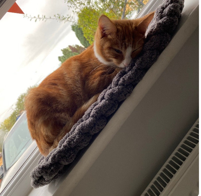 Pode incluir: Um gato ruivo com marcas brancas est&aacute; dormindo em uma cama de tric&ocirc; cinza. O gato est&aacute; enroscado na cama, que est&aacute; colocada em um parapeito de janela.