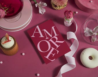 AMORE Greeting Card – Modern Love Card with Typography – Minimalist Card for Valentine's Day, Wedding & Anniversary