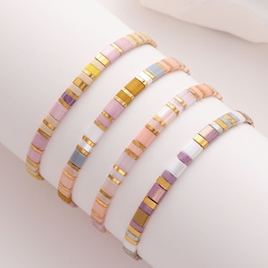 Colección de tres pulseras japonesas de cuentas, pulseras Lia con bolsita de raso, joyas para ella