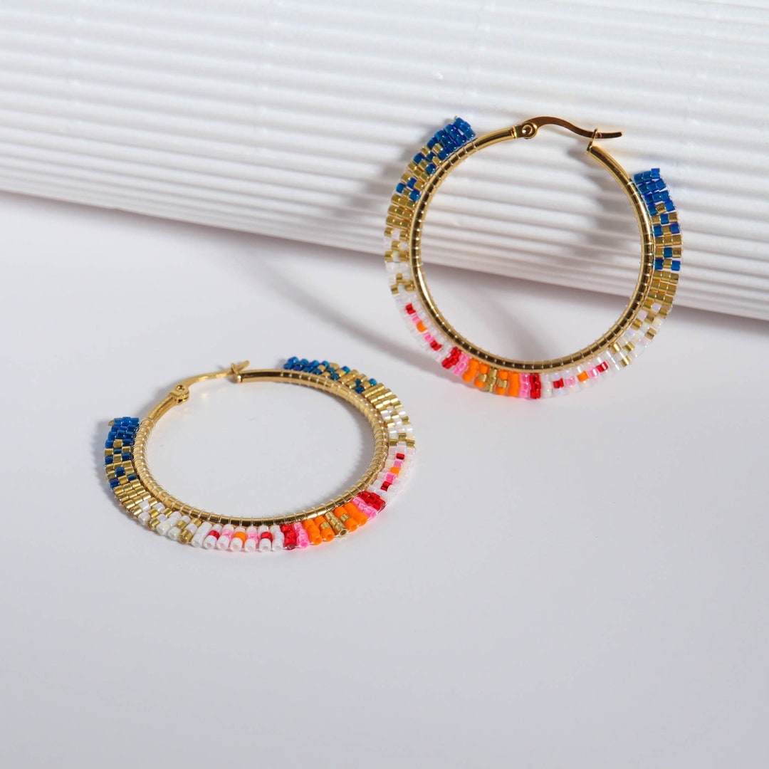 Hoop Earrings in Multi-colored Miyuki Beads, Adjustable Lucia