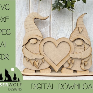 Laser Cutting, Digital Download, Vector Laser File, Glowforge, SVG, dxf, ai, cdr, Gnome Gonk Gnome Couple Heart Frame