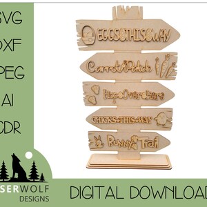 Archivo de corte láser Descarga digital Vector Glowforge SVG, dxf, ai, cdr, signo de dirección de Pascua Búsqueda de huevos de Pascua