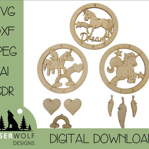 Laser Cutting File Digital Download Vector Glowforge SVG, dxf, ai, cdr, Dream Catcher Laser Cut Dreamcatcher Unicorn Theme
