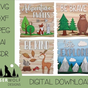 Laser Cutting File Digital Download Vector Glowforge SVG, Woodland Theme, Adventure Awaits Room Signs